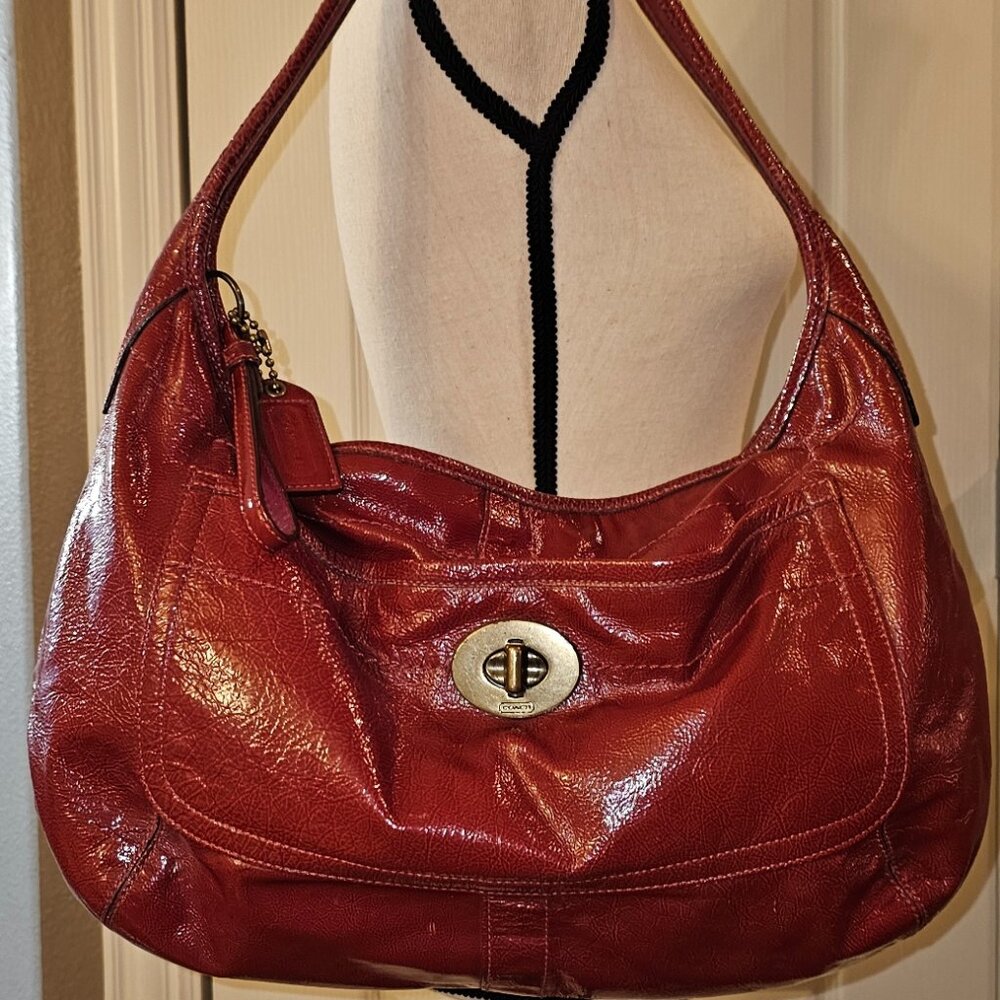 Coach Ergo Turnlock Crushed Red Patent Leather Shoulder Hobo Bag